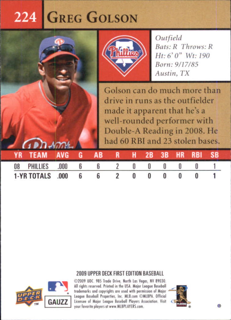 2009 Upper Deck First Edition #224 Greg Golson (RC) back image