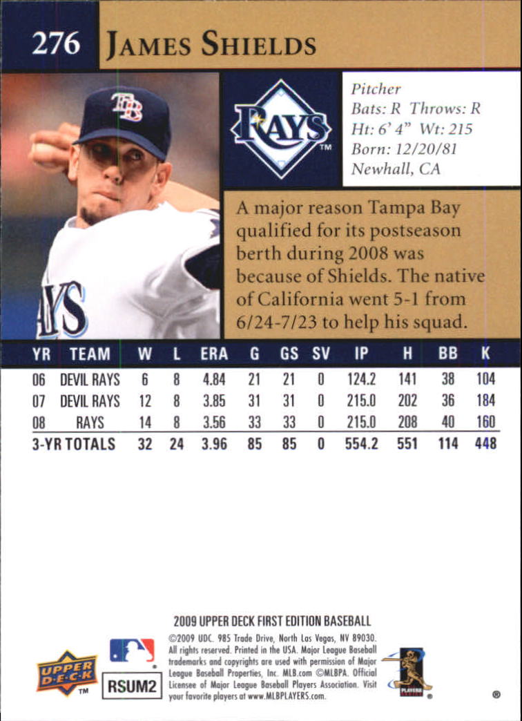 2009 Upper Deck First Edition #276 James Shields back image