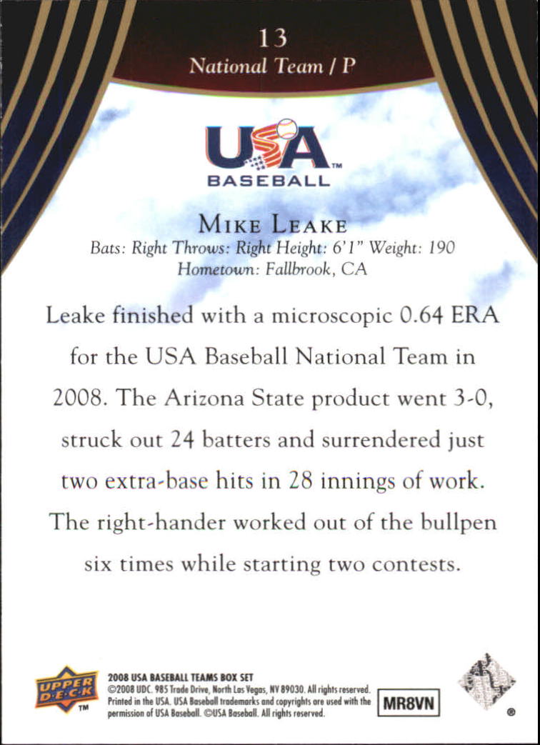 2008-09 USA Baseball #13 Mike Leake back image