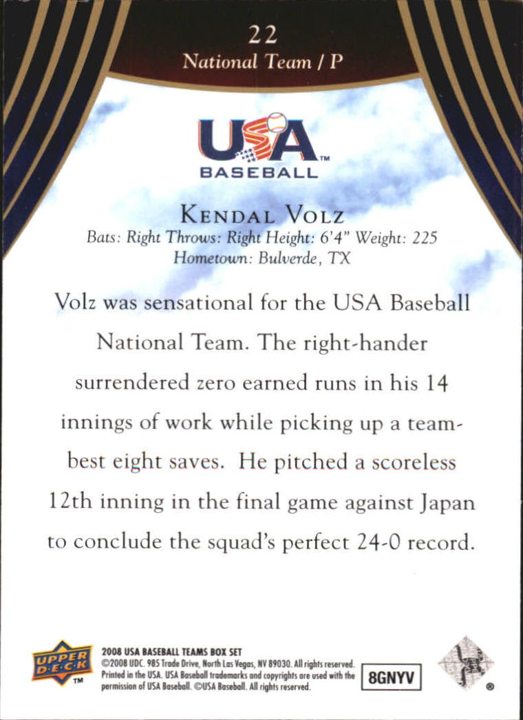 2008-09 USA Baseball #22 Kendal Volz back image