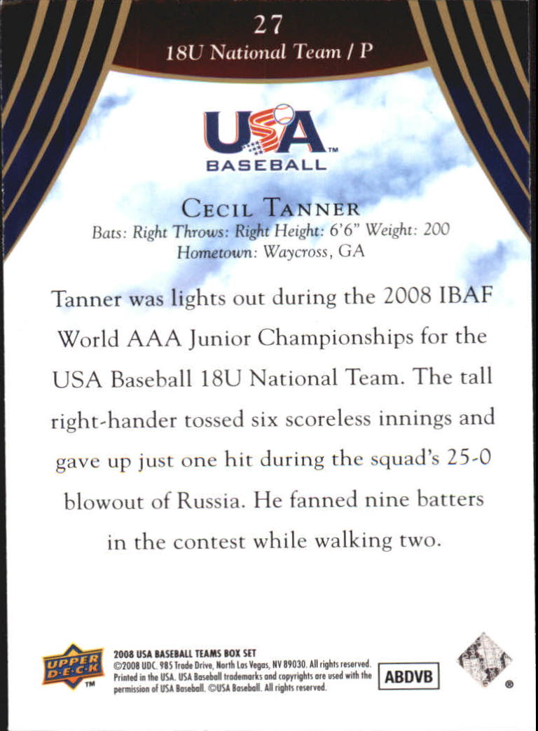 2008-09 USA Baseball #27 Cecil Tanner back image