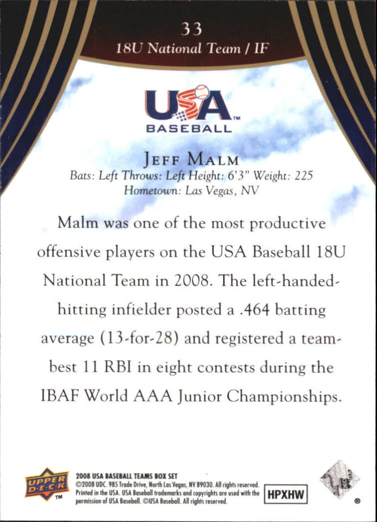 2008-09 USA Baseball #33 Jeff Malm back image