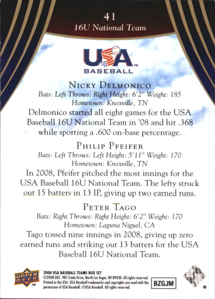 2008-09 USA Baseball #41 Nicky Delmonico/Philip Pfeifer/Peter Tago back image