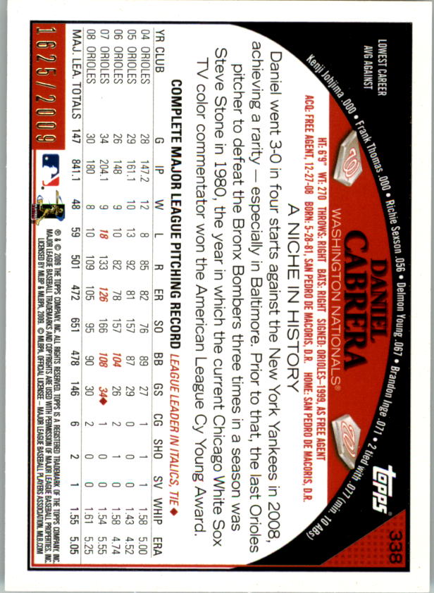 2009 Topps Gold Border #338 Daniel Cabrera back image