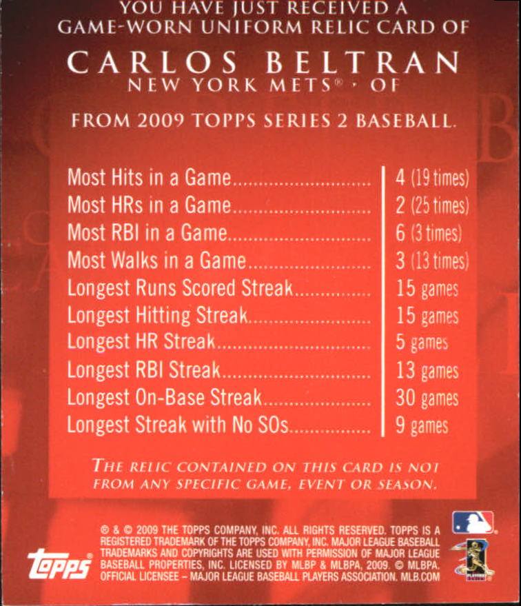 2009 Topps Career Best Relics #CB Carlos Beltran Pants B2 back image
