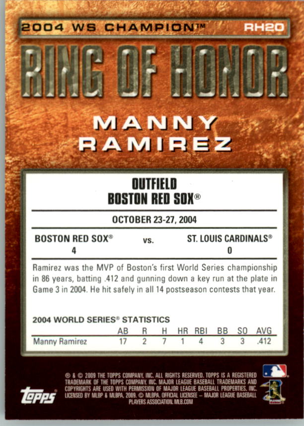 2009 Topps Ring Of Honor #RH20 Manny Ramirez back image