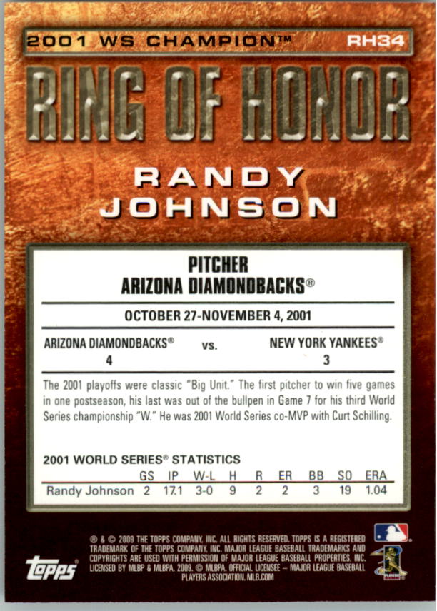 2009 Topps Ring Of Honor #RH34 Randy Johnson back image