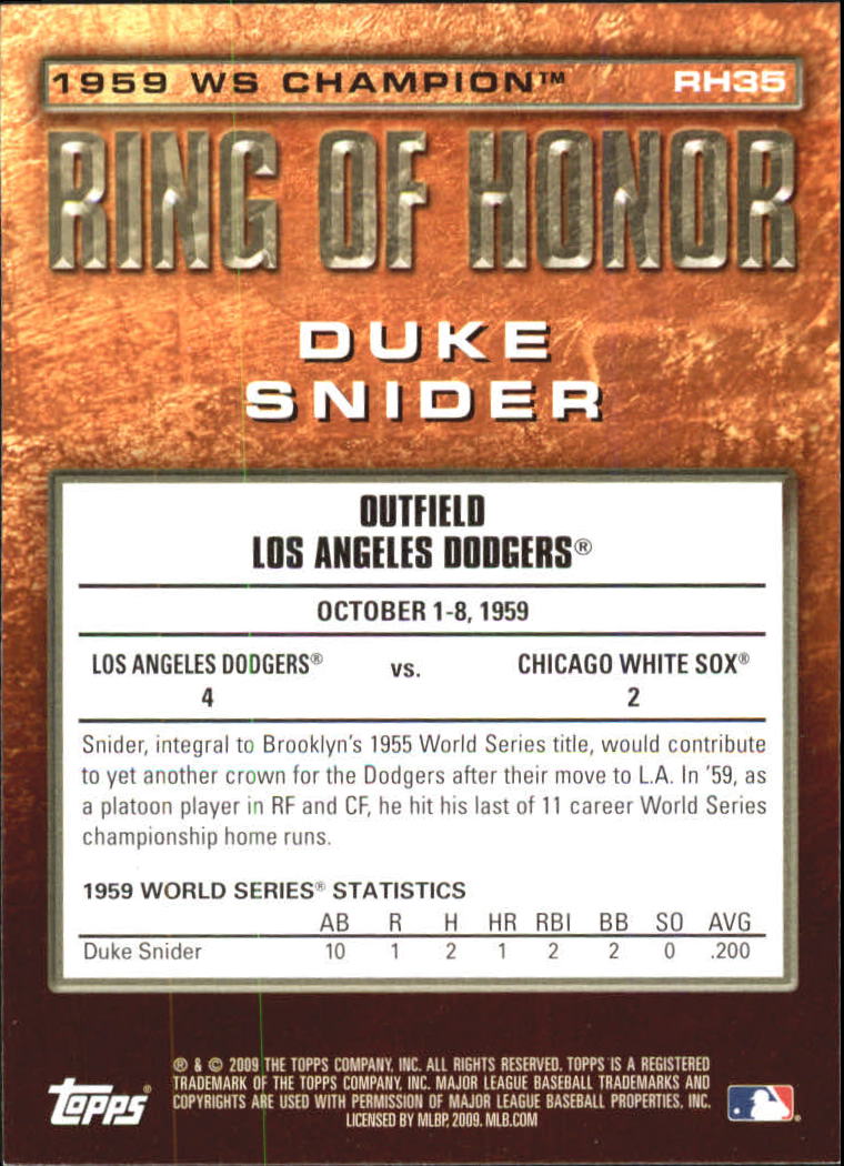 2009 Topps Ring Of Honor #RH35 Duke Snider back image