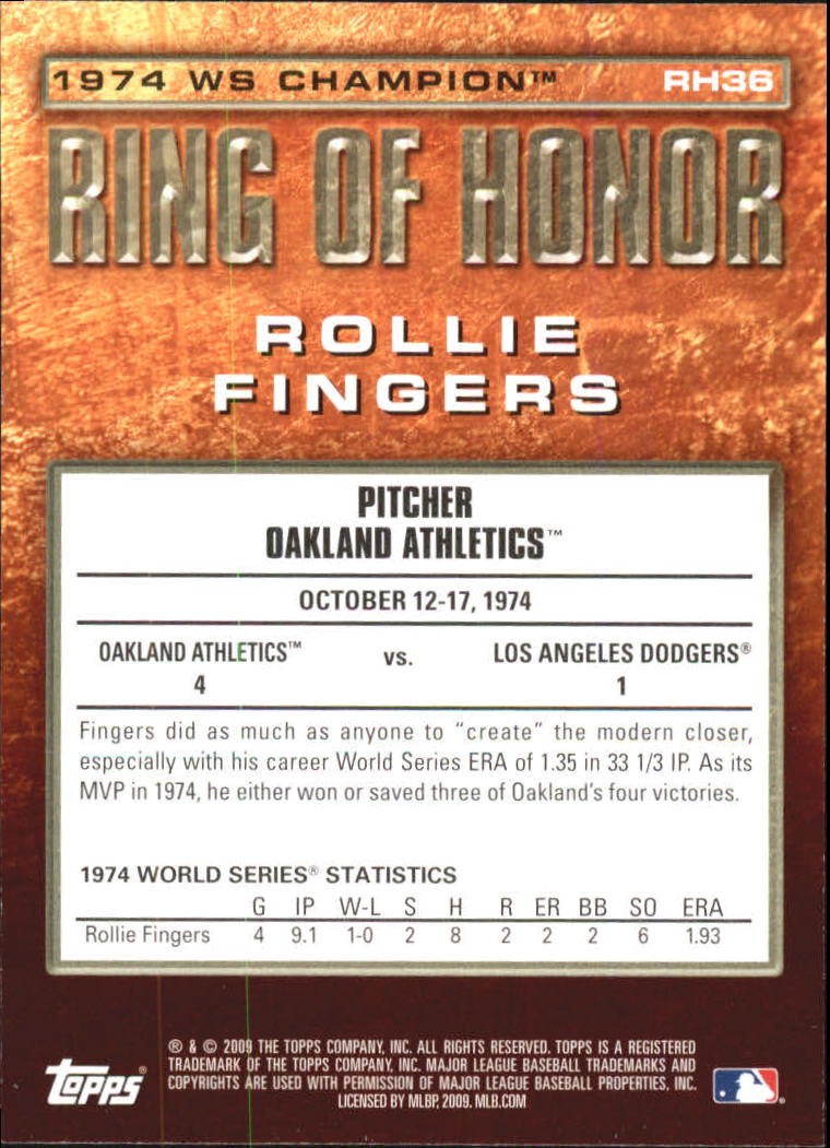 2009 Topps Ring Of Honor #RH36 Rollie Fingers back image