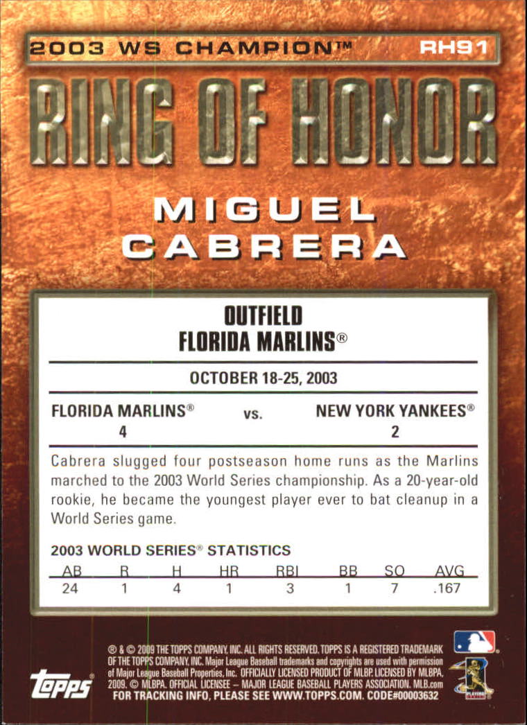 2009 Topps Ring Of Honor #RH91 Miguel Cabrera back image