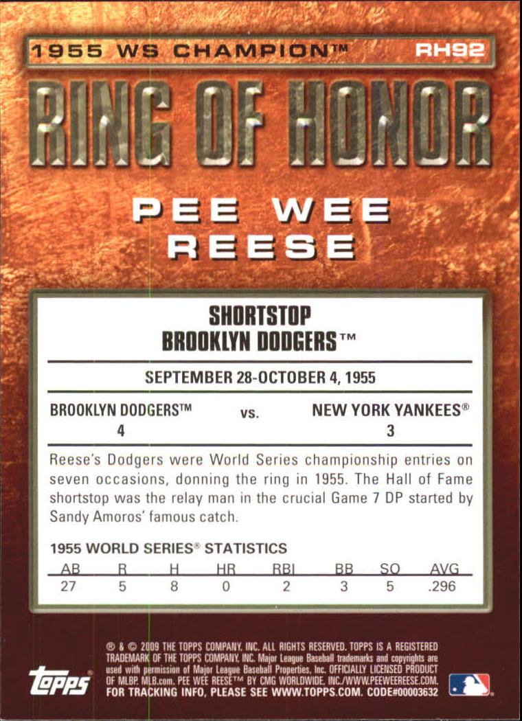 2009 Topps Ring Of Honor #RH92 Pee Wee Reese back image
