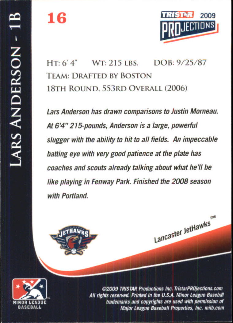 2009 TRISTAR PROjections #16 Lars Anderson back image