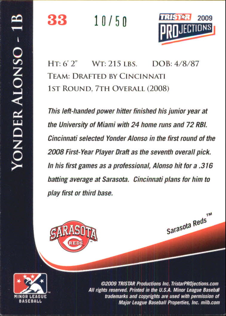 2009 TRISTAR PROjections #33 Yonder Alonso back image