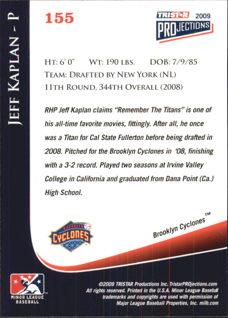 2009 TRISTAR PROjections #155 Jeff Kaplan PD back image