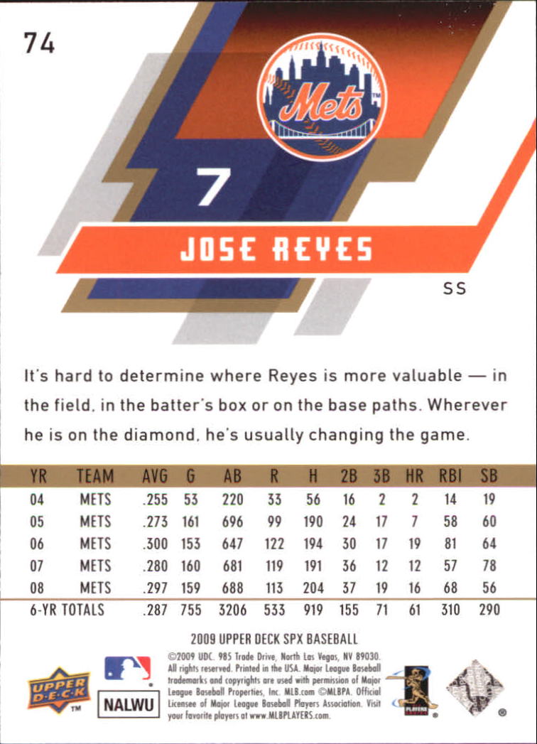 2009 SPx #74 Jose Reyes back image