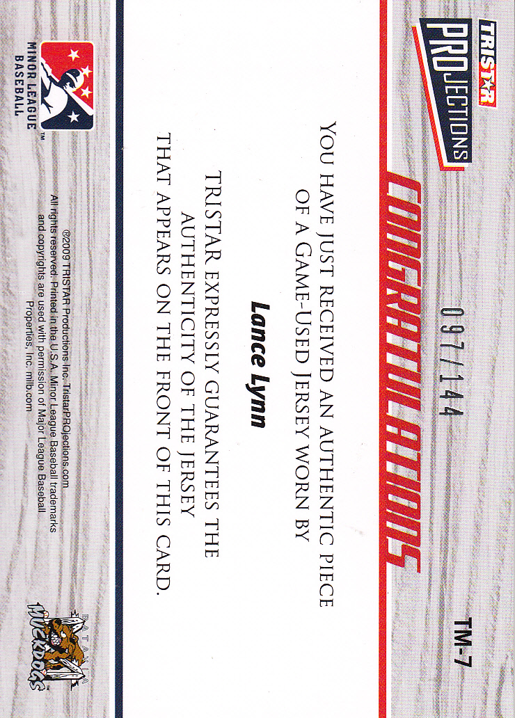 2009 TRISTAR PROjections Tailor Made #TM7 Lance Lynn back image