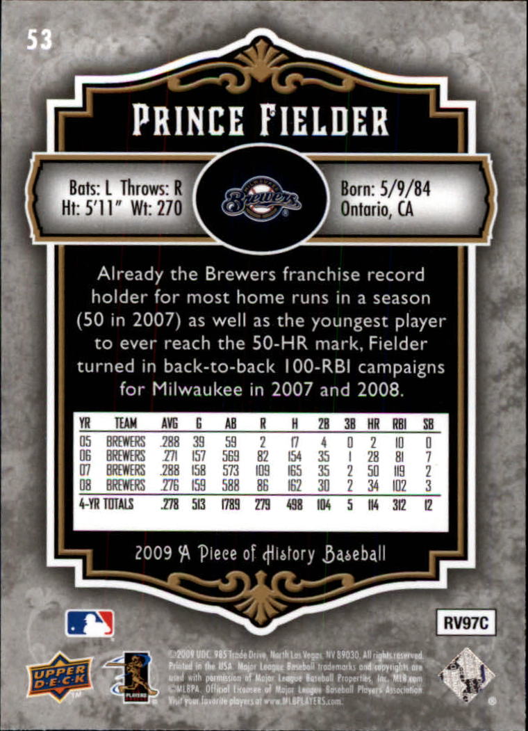 2009 UD A Piece of History #53 Prince Fielder back image