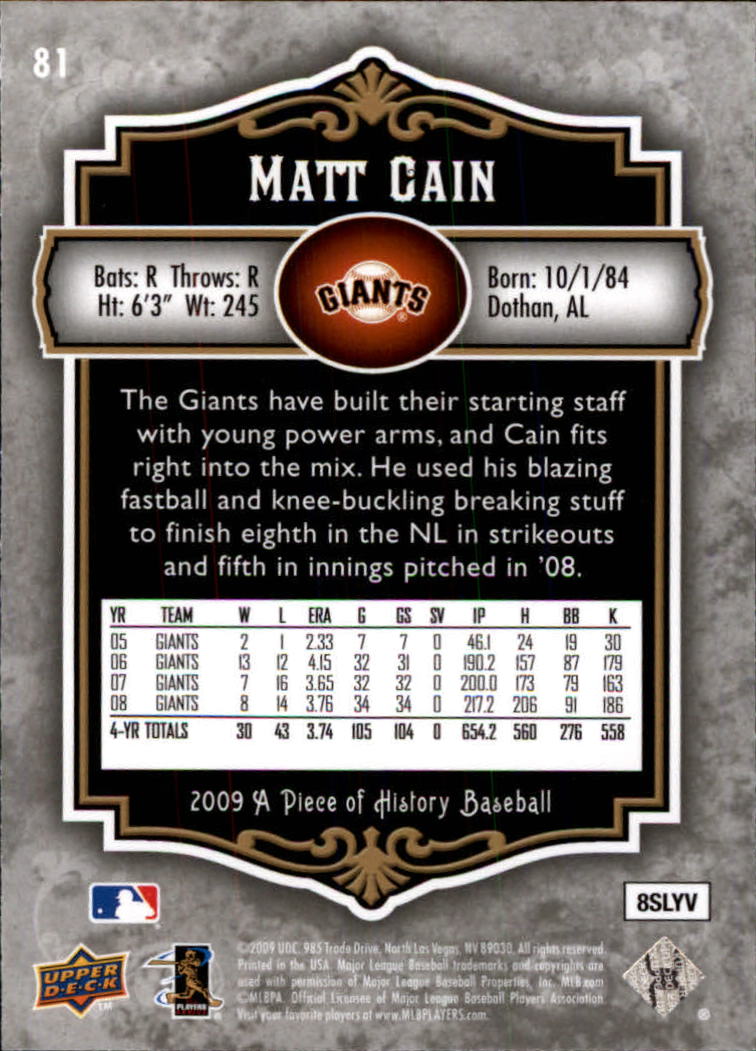 2009 UD A Piece of History #81 Matt Cain back image