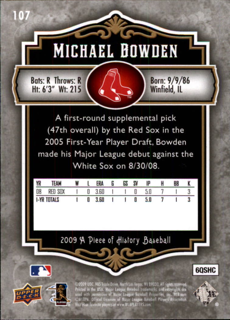 2009 UD A Piece of History #107 Michael Bowden (RC) back image