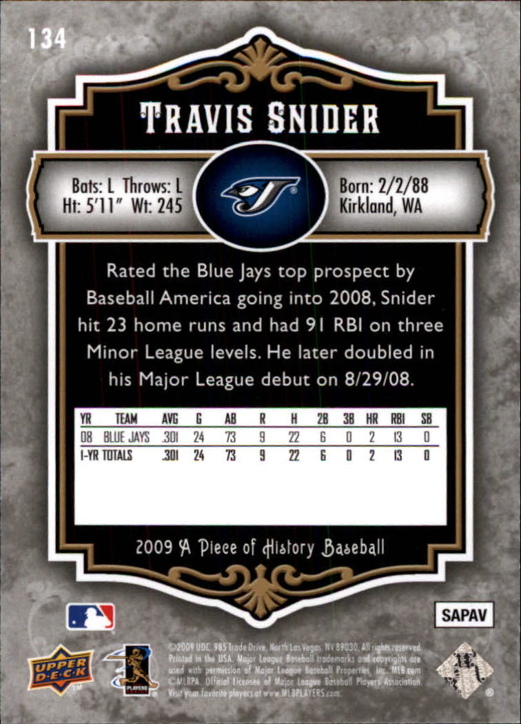 2009 UD A Piece of History #134 Travis Snider RC back image