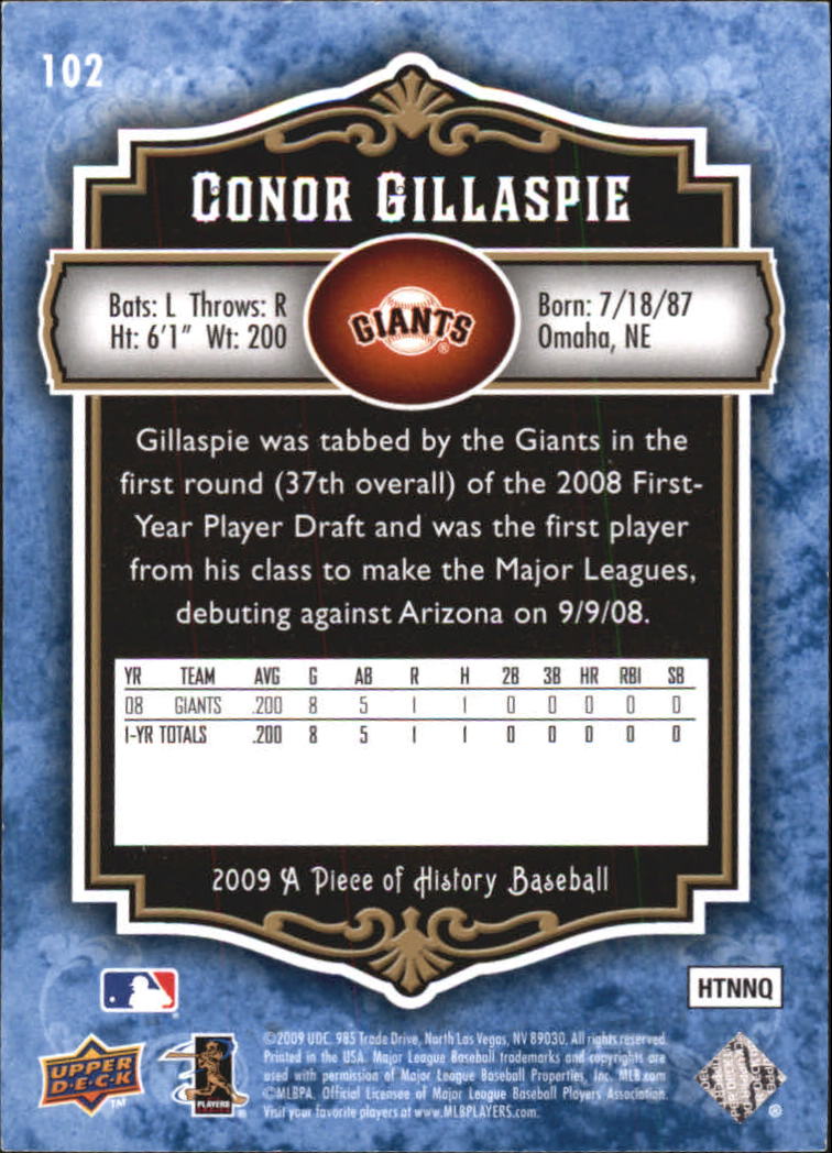2009 UD A Piece of History Blue #102 Conor Gillaspie back image