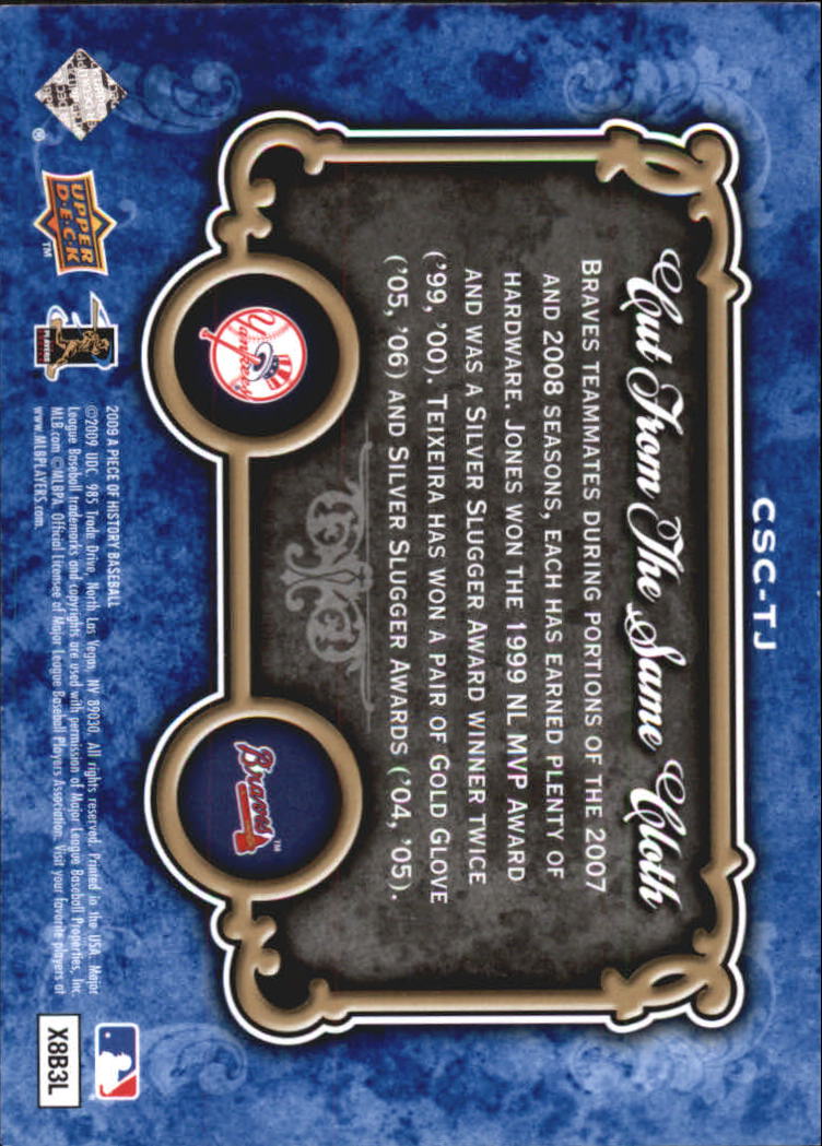2009 UD A Piece of History Cut From The Same Cloth #CSCTJ Mark Teixeira/Chipper Jones back image