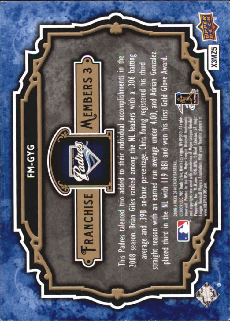 2009 UD A Piece of History Franchise Members Trio #FMGYG Brian Giles/Chris Young/Adrian Gonzalez back image