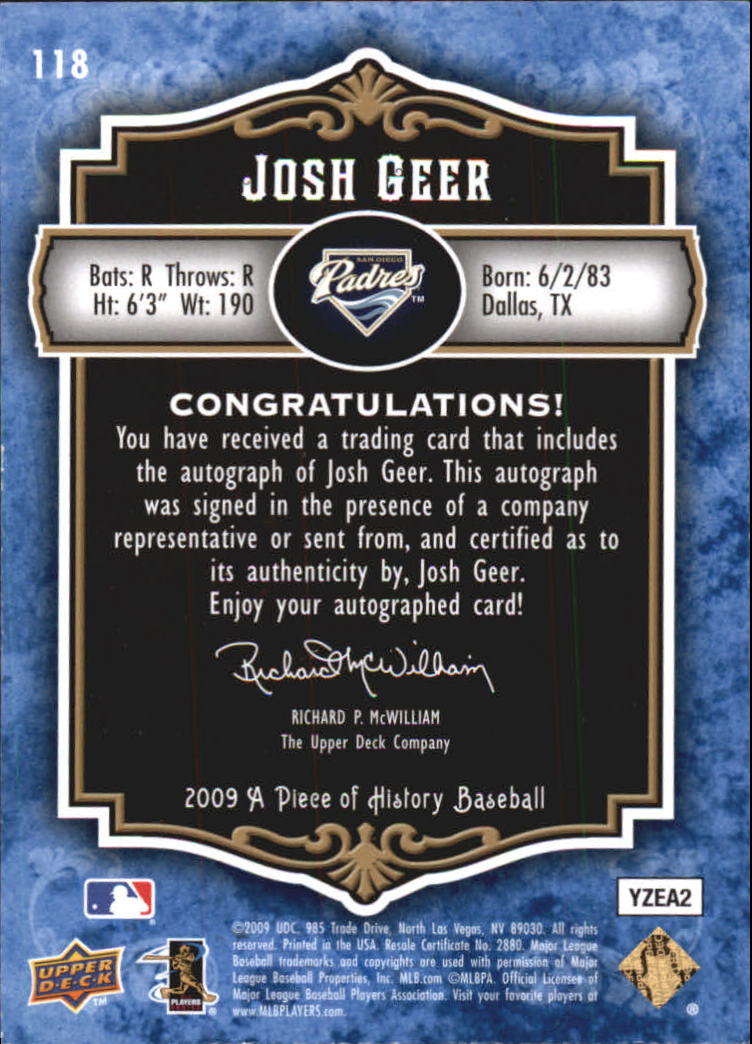 2009 UD A Piece of History Rookie Autographs Blue #118 Josh Geer back image