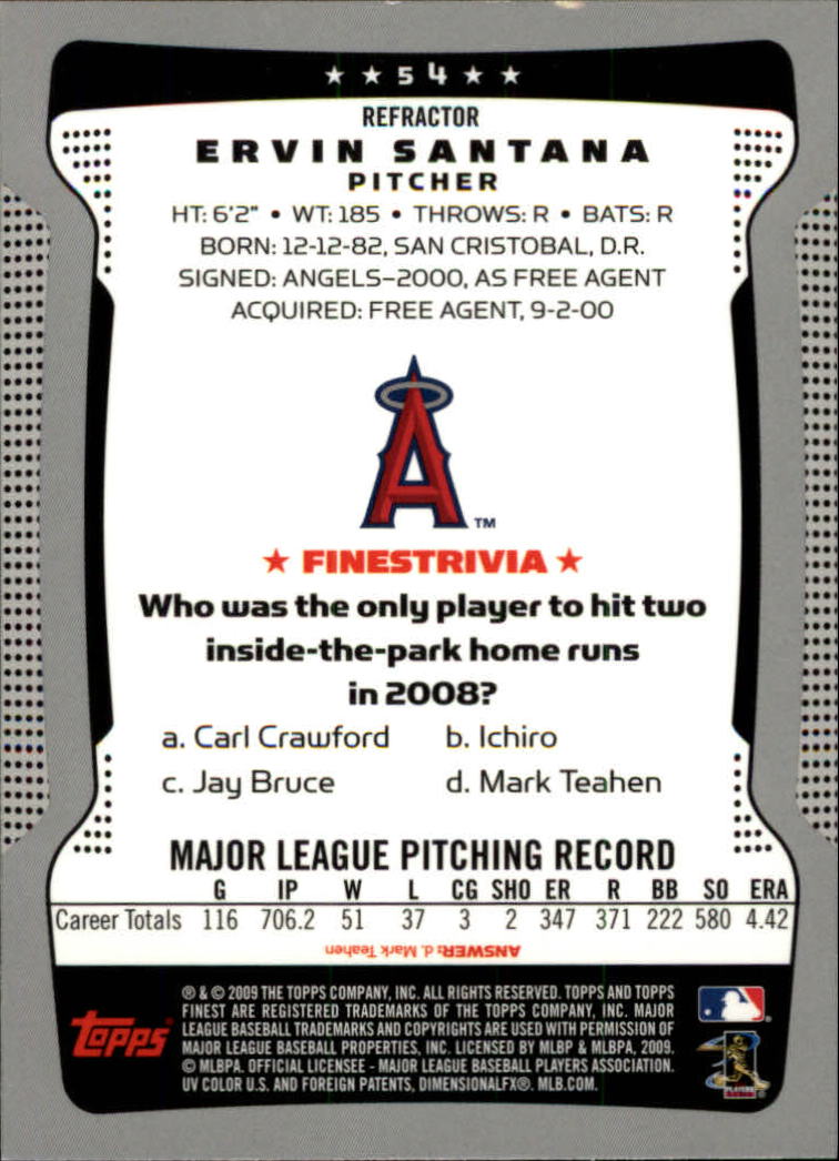 2009 Finest Refractors #54 Ervin Santana back image