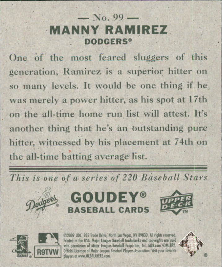 2009 Upper Deck Goudey Mini Green Back #99 Manny Ramirez back image