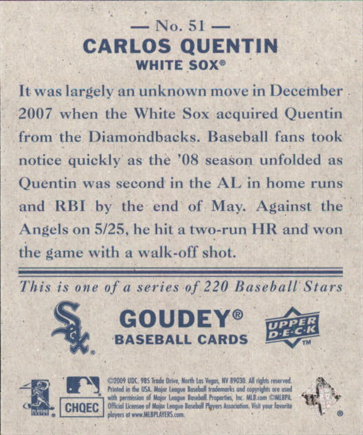 2009 Upper Deck Goudey Mini Navy Blue Back #51 Carlos Quentin back image