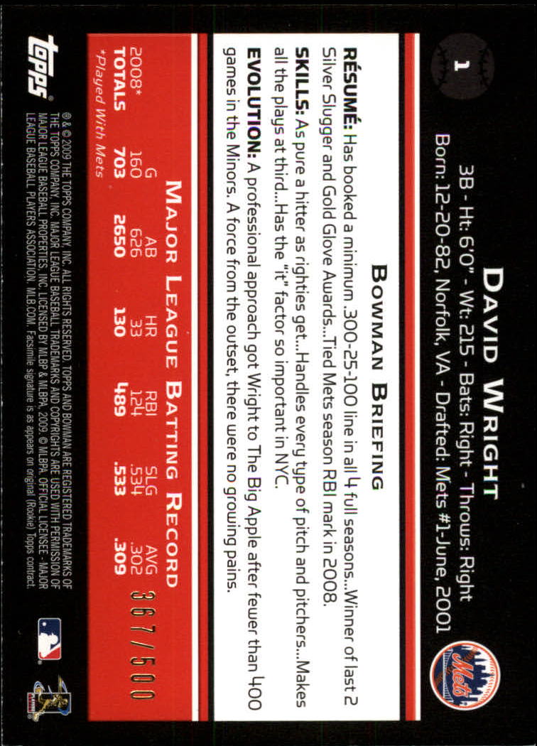 2009 Bowman Blue #1 David Wright back image