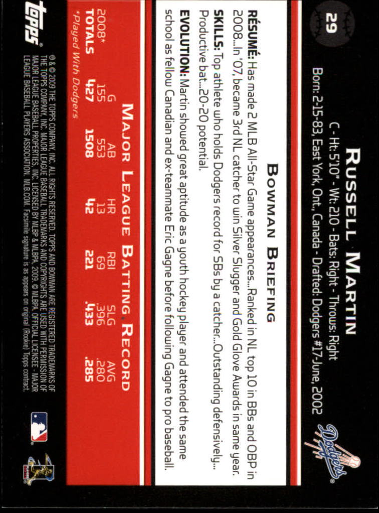 2009 Bowman Gold #29 Russell Martin back image