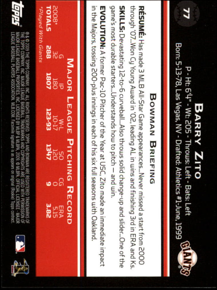 2009 Bowman Gold #77 Barry Zito back image