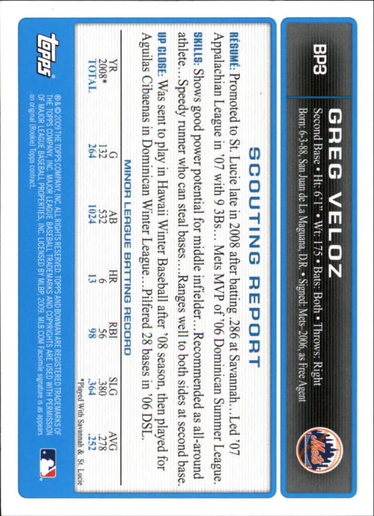 2009 Bowman Prospects #BP3 Greg Veloz back image