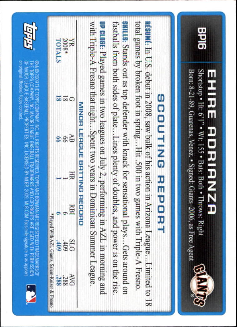2009 Bowman Prospects #BP16 Ehire Adrianza back image