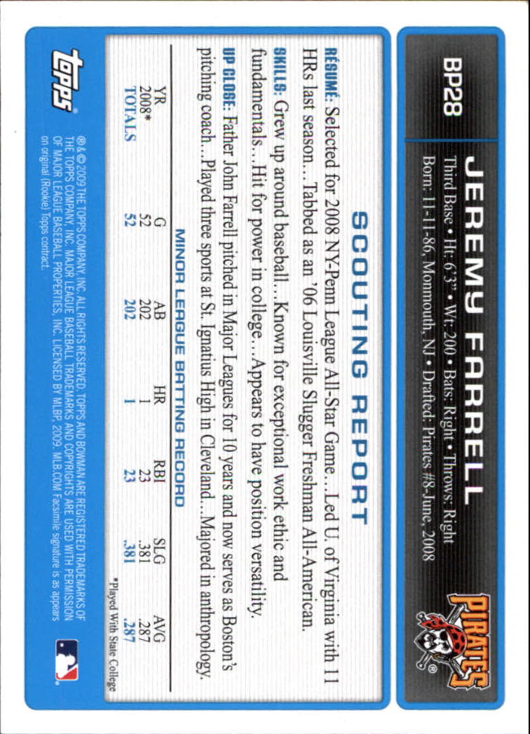 2009 Bowman Prospects #BP28 Jeremy Farrell back image