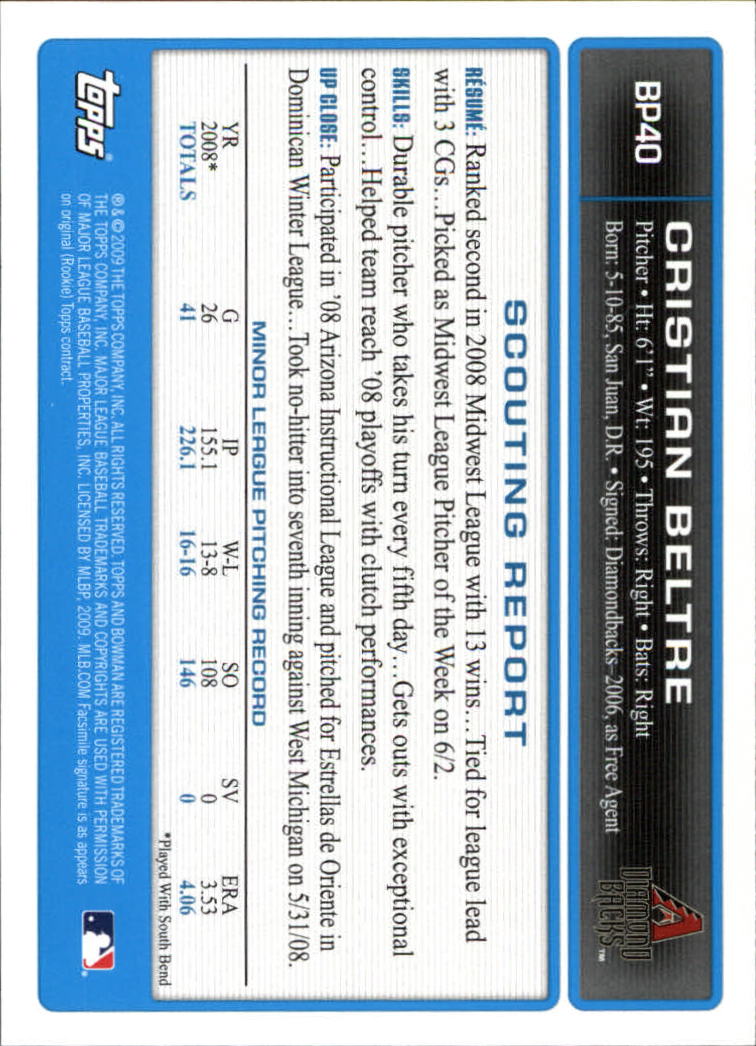 2009 Bowman Prospects #BP40 Cristian Beltre back image