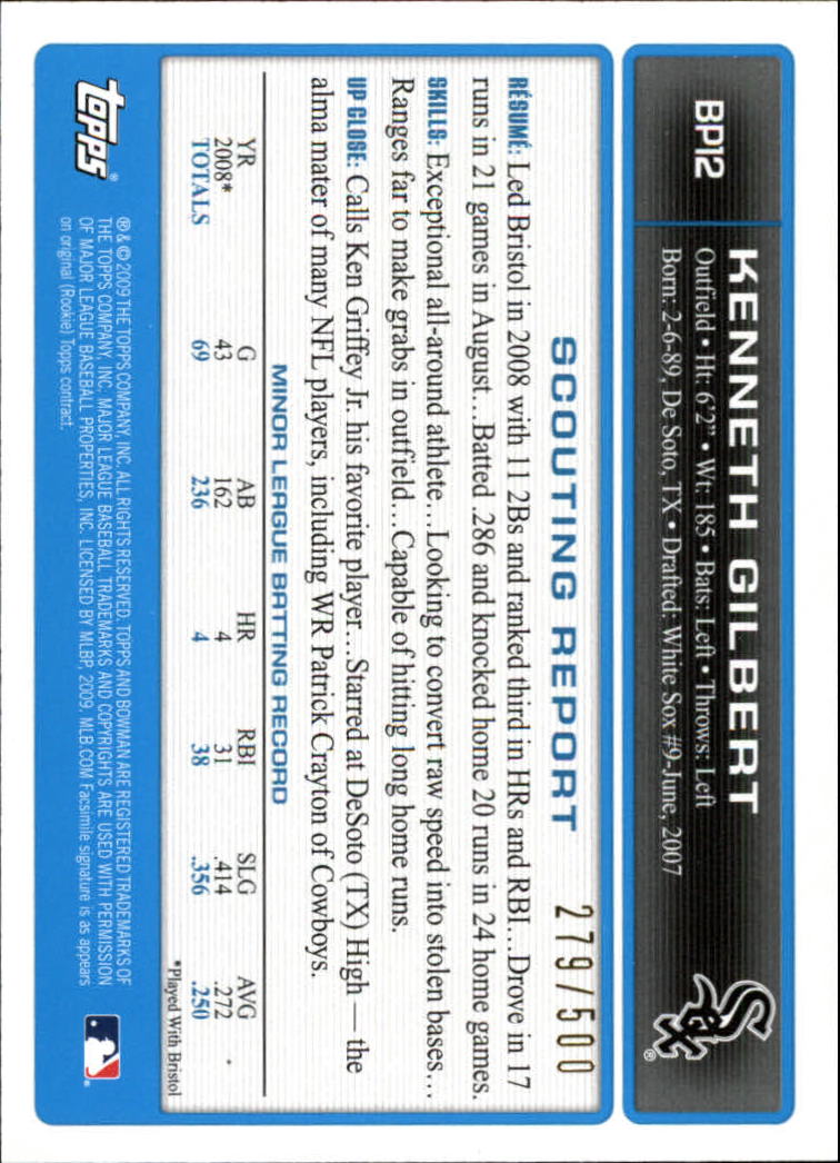 2009 Bowman Prospects Blue #BP12 Kenneth Gilbert back image