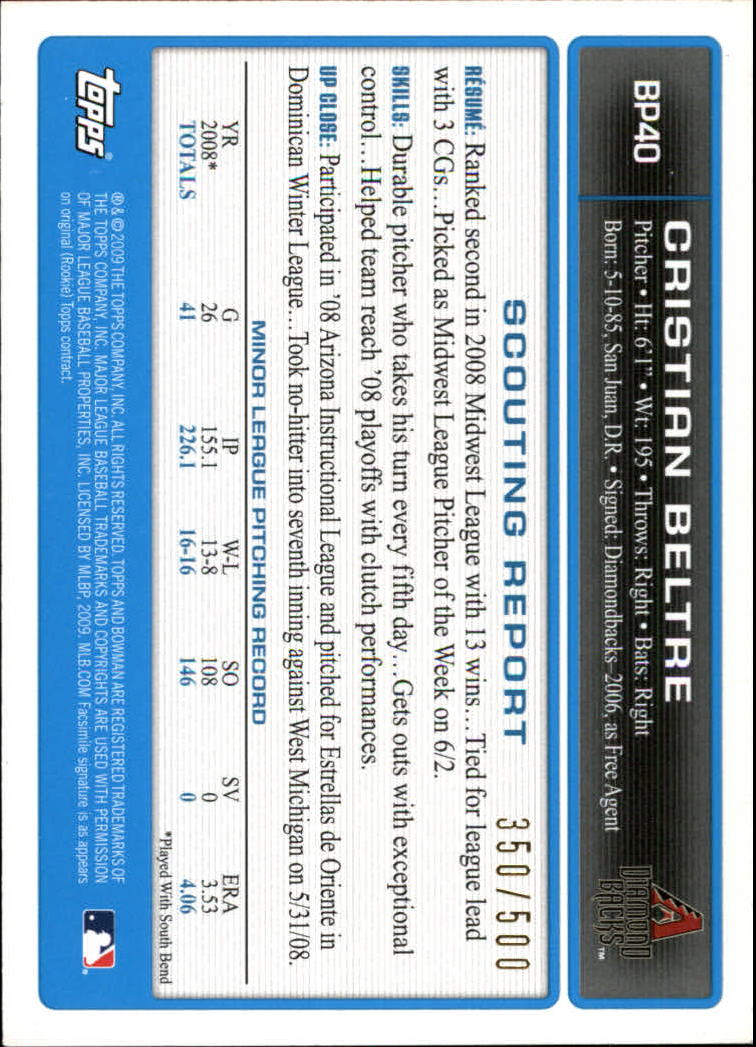 2009 Bowman Prospects Blue #BP40 Cristian Beltre back image