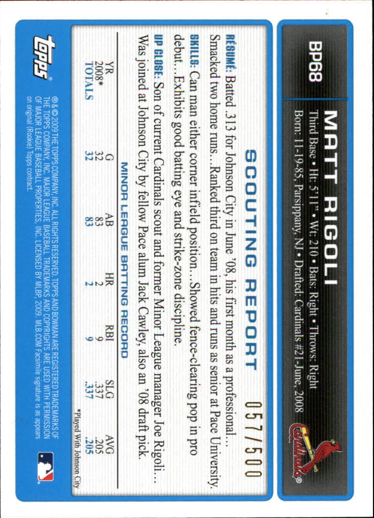 2009 Bowman Prospects Blue #BP68 Matt Rigoli back image