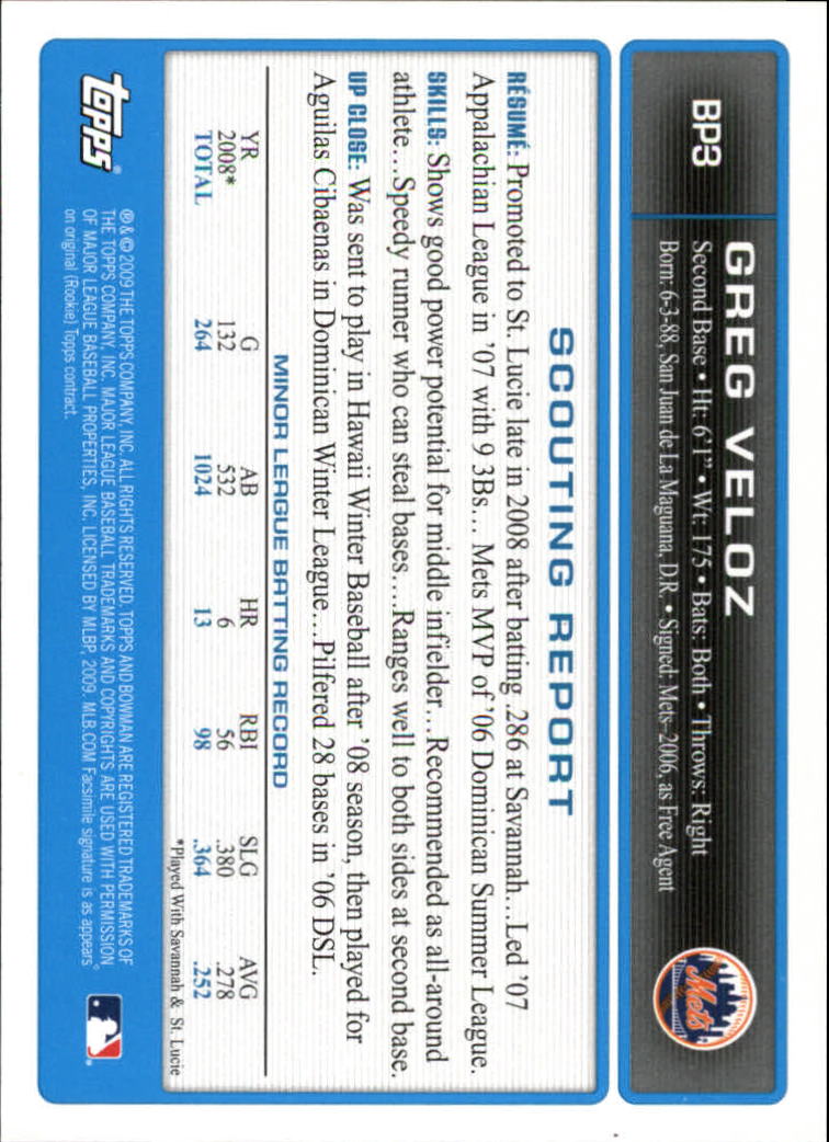 2009 Bowman Prospects Gold #BP3 Greg Veloz back image