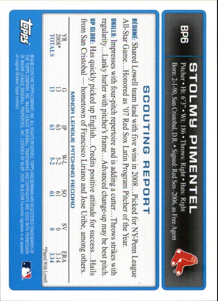 2009 Bowman Prospects Gold #BP6 Stolmy Pimentel back image