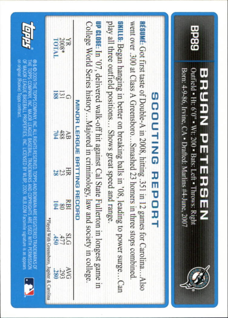 2009 Bowman Prospects Gold #BP89 Bryan Petersen back image