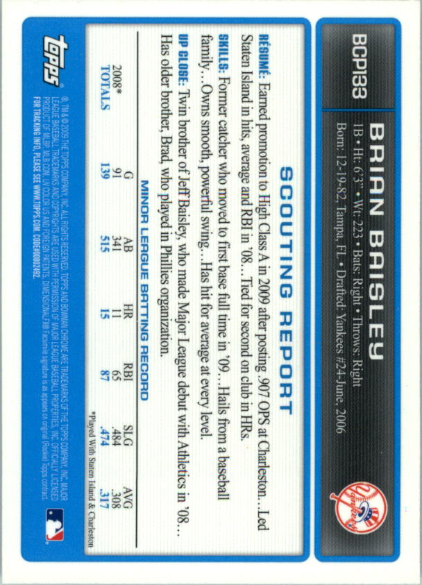 2009 Bowman Chrome Prospects #BCP133 Brian Baisley back image