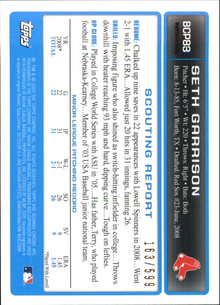 2009 Bowman Chrome Prospects Refractors #BCP83 Seth Garrison back image