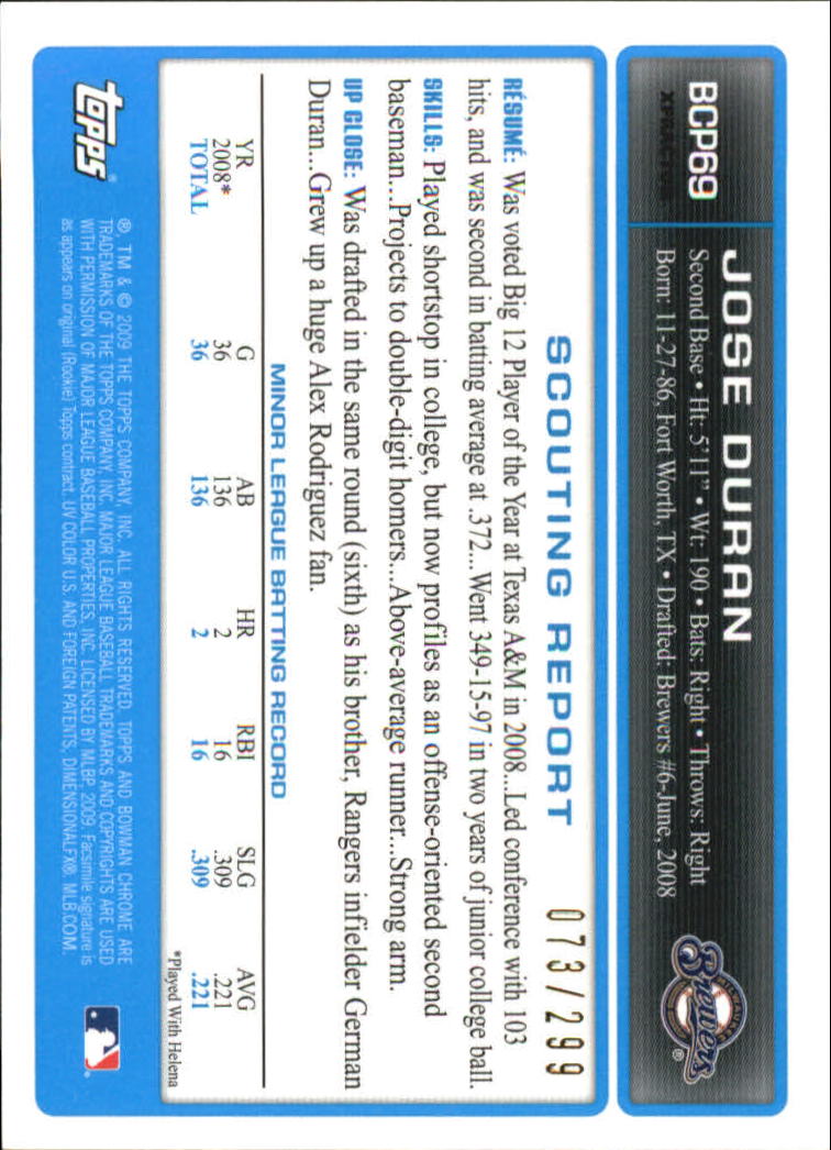 2009 Bowman Chrome Prospects X-Fractors #BCP69 Jose Duran