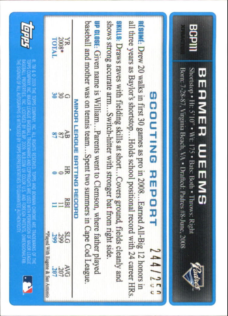 2009 Bowman Chrome Prospects X-Fractors #BCP111a Beamer Weems AU
