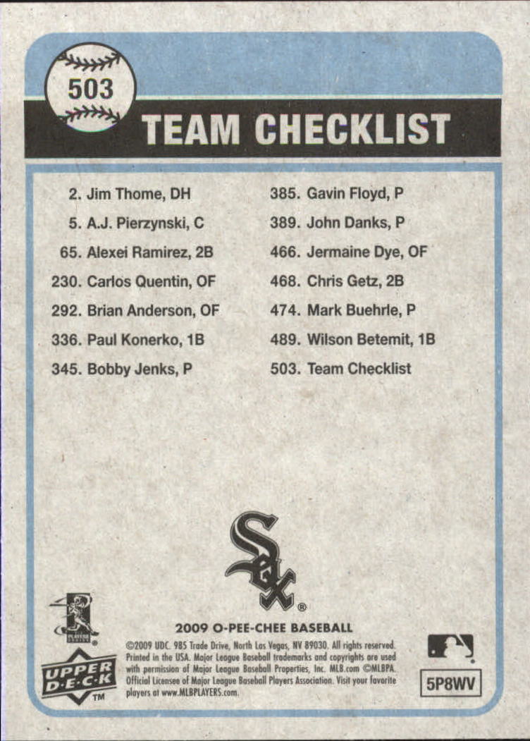 2009 O-Pee-Chee #503 Chicago White Sox CL back image