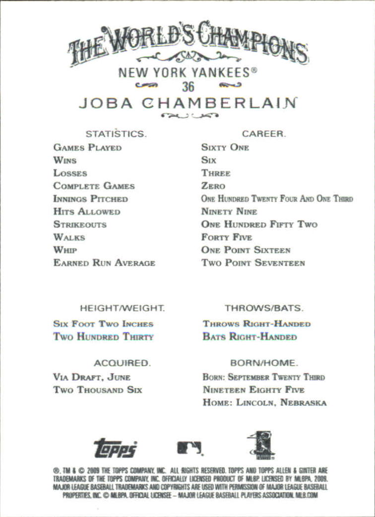 2009 Topps Allen and Ginter #36 Joba Chamberlain back image